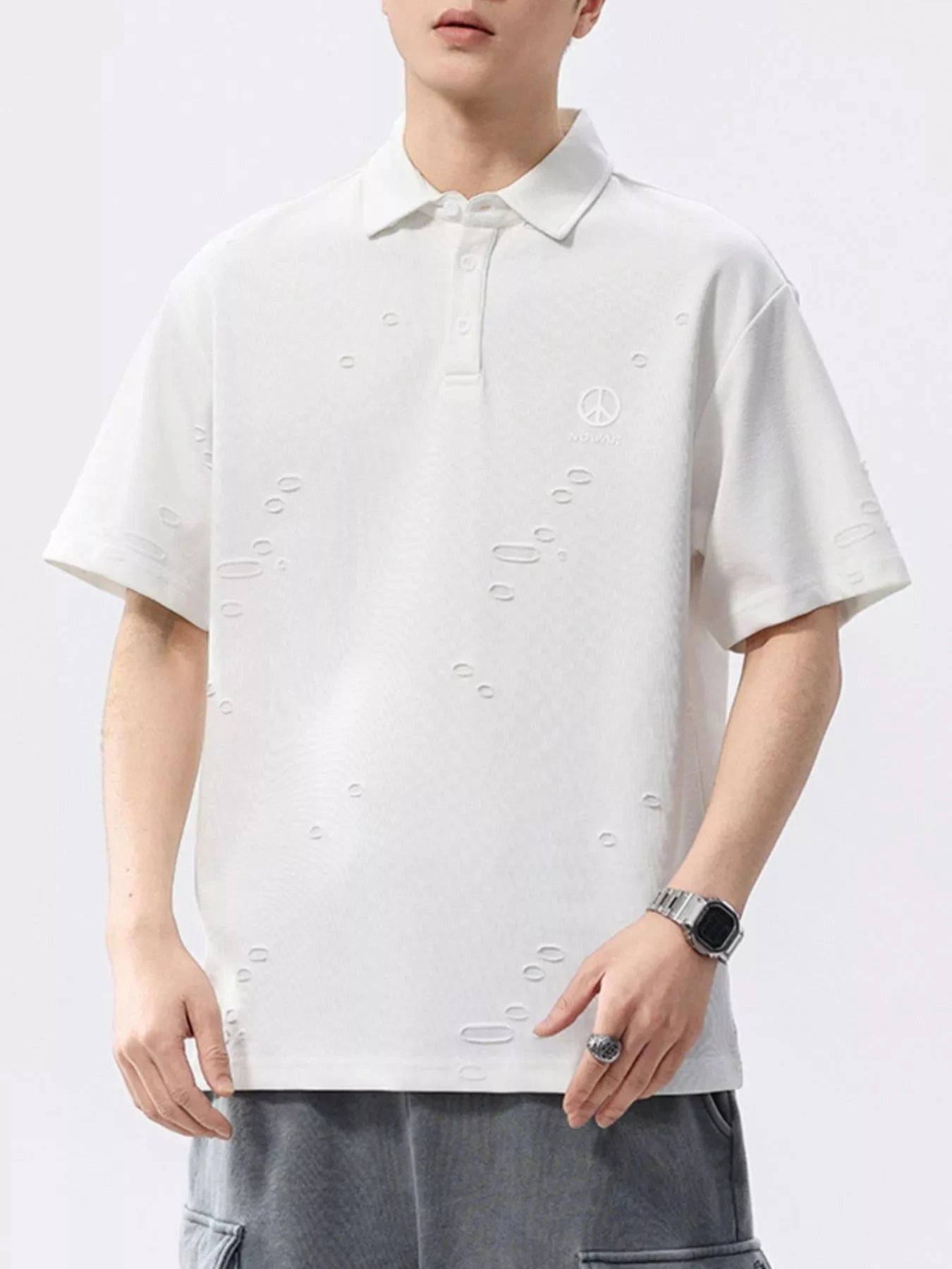 Men's Plus Size Button Detail Short Sleeve Polo White - Fashorio