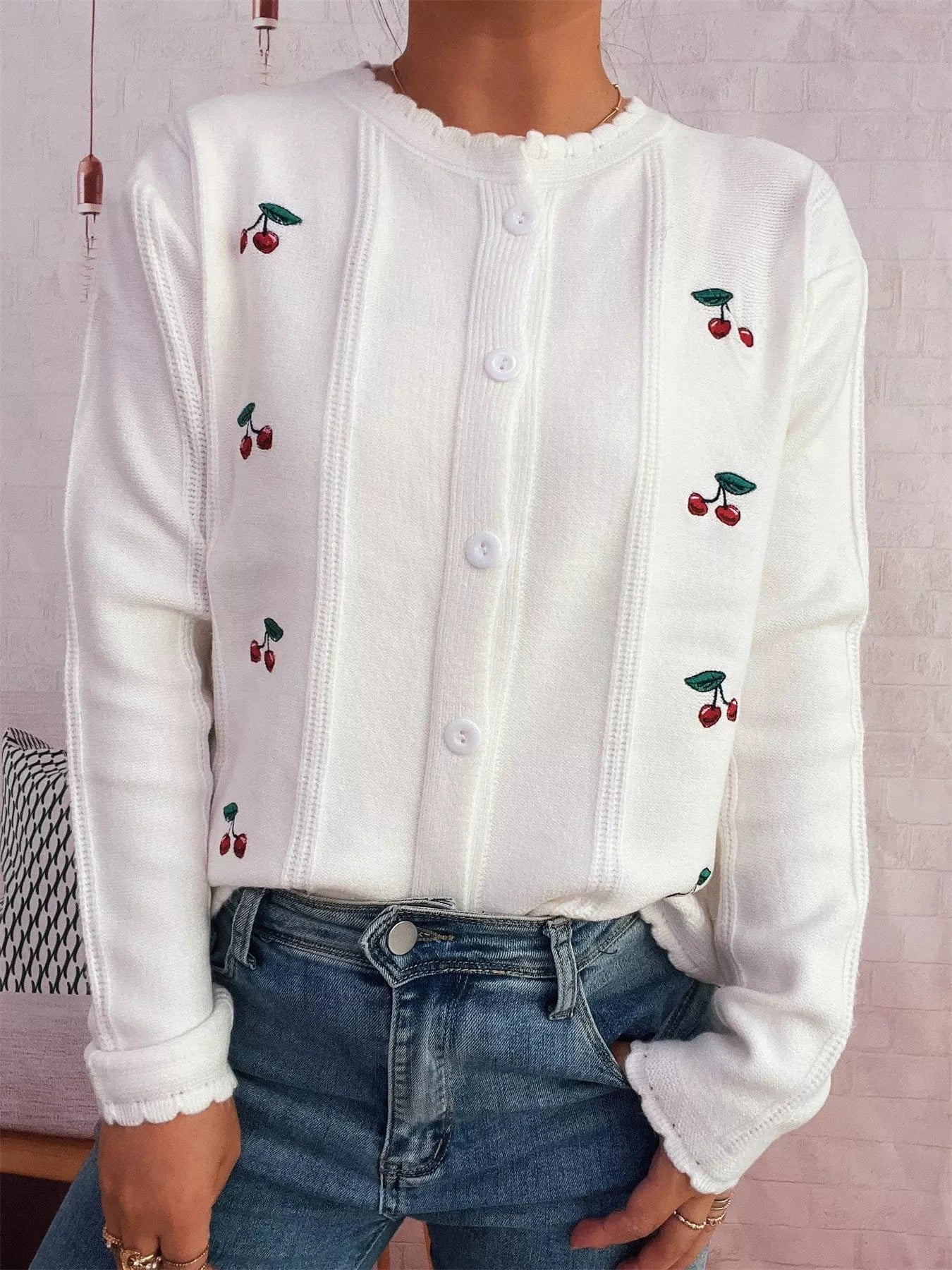 Cherry Embroidered Button Up Cardigan White One Size - Fashorio