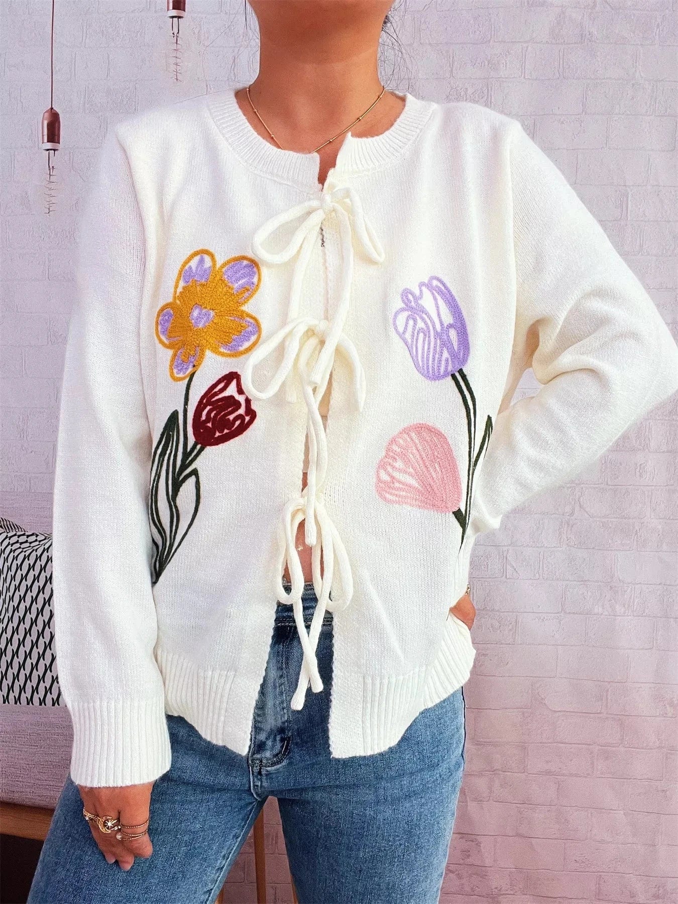 Floral Ribbed Hem Tie Front Cardigan White One Size - Fashorio