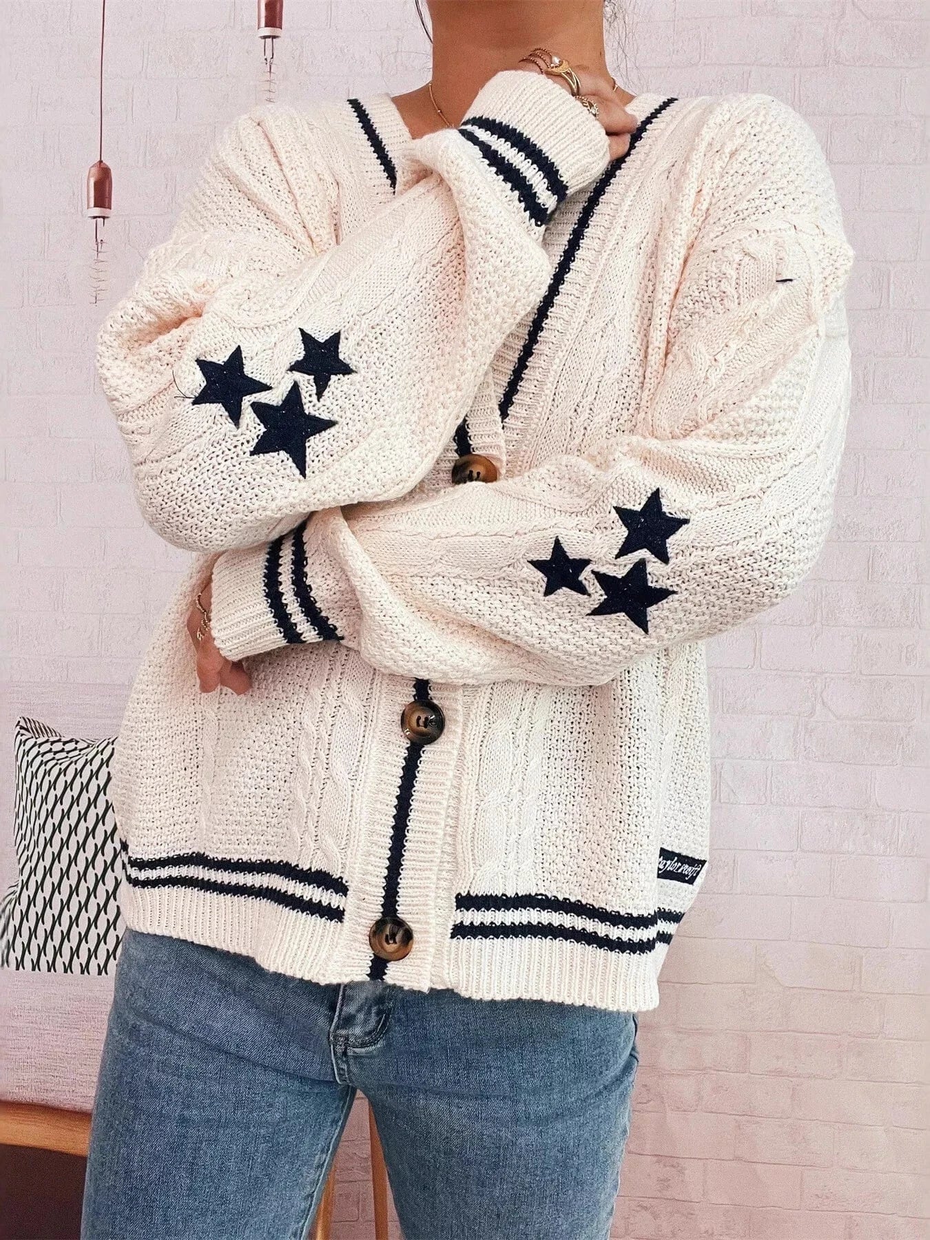 Star Pattern Button-Up Cardigan with Contrast Trim White One Size - Fashorio