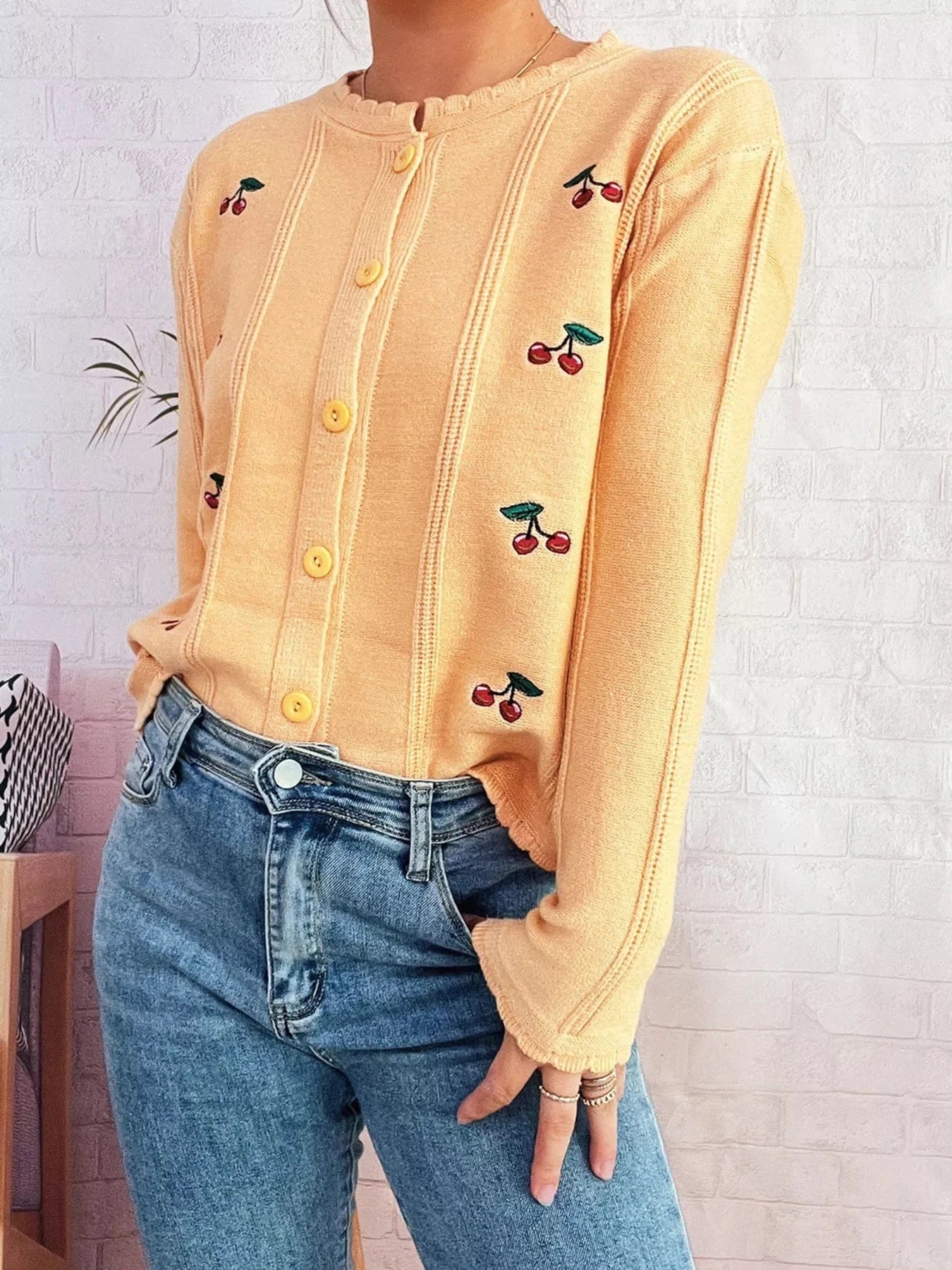 Cherry Embroidered Button Up Cardigan Yellow One Size - Fashorio