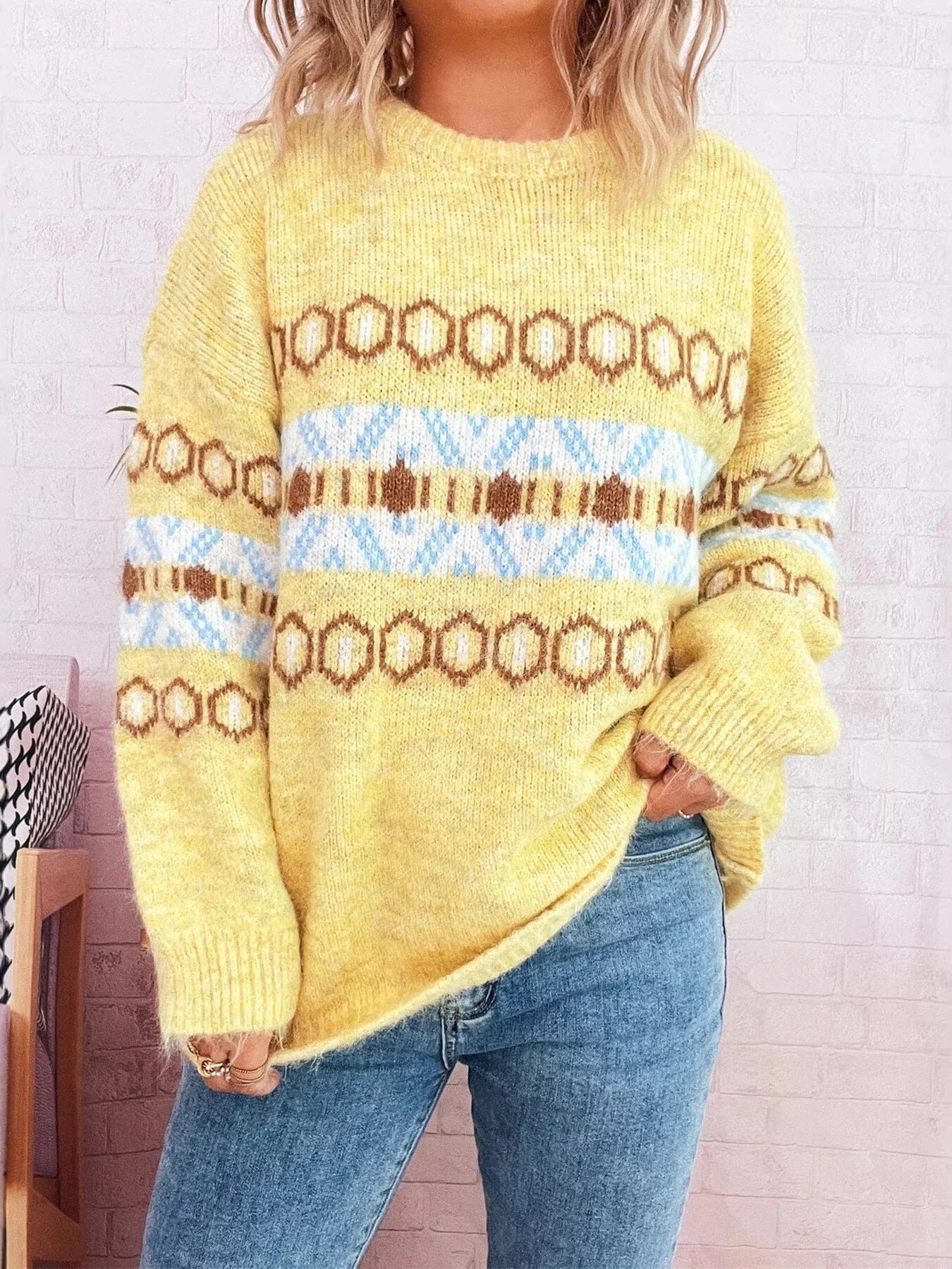 Contrast Round Neck Drop Shoulder Sweater Yellow One Size - Fashorio