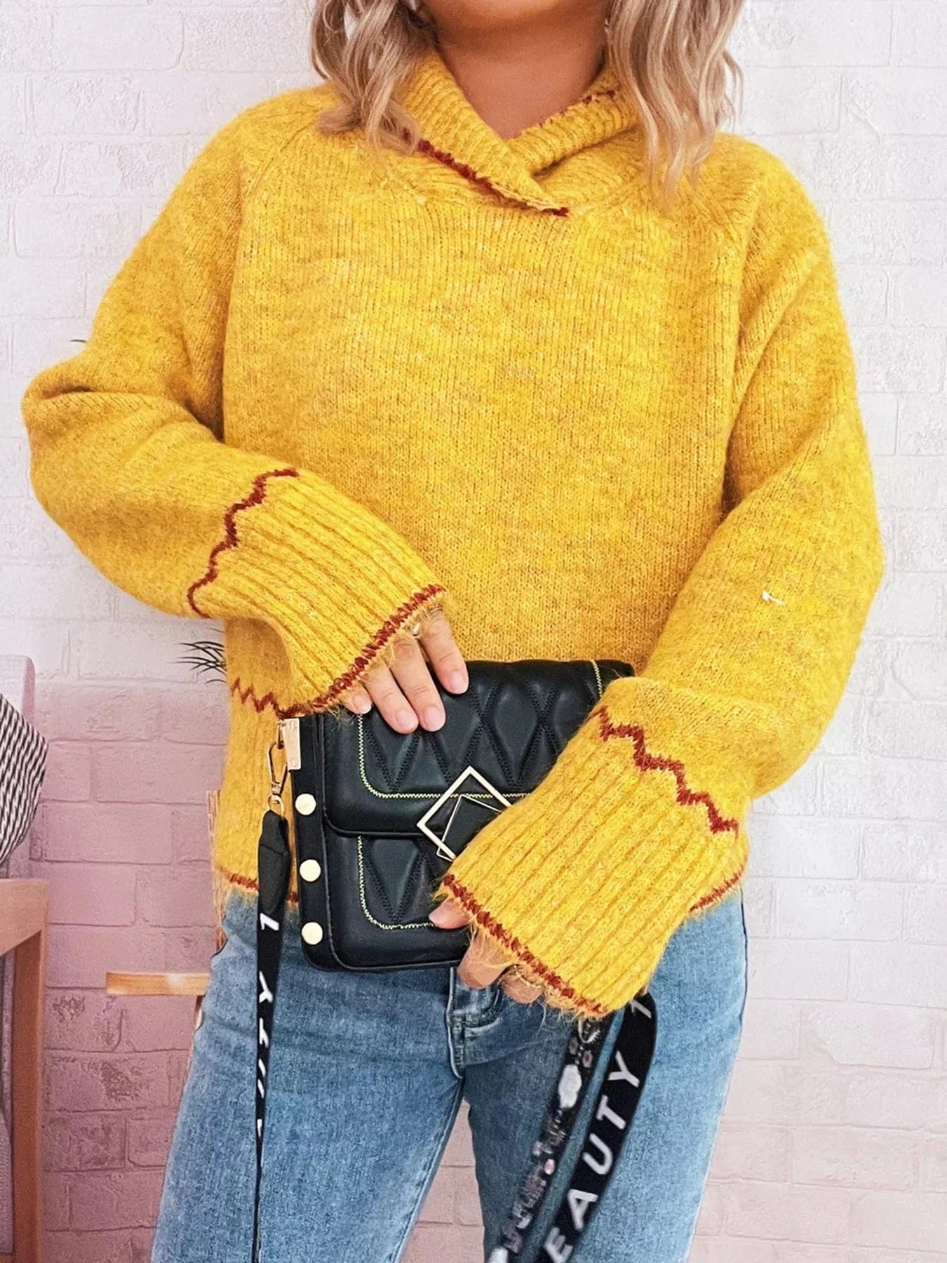 Ribbed Contrast Trim Long Sleeve Sweater Yellow One Size - Fashorio