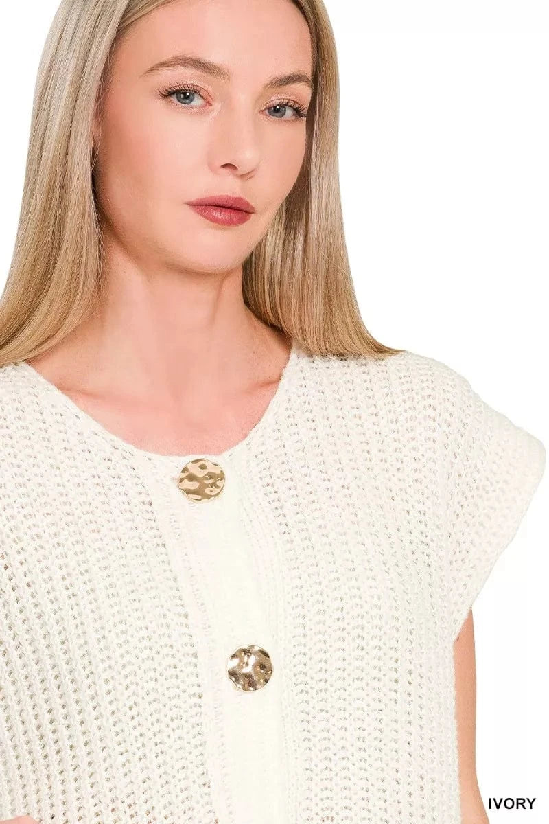 Zenana Button Down Sweater Vest with Front Pockets - Fashorio