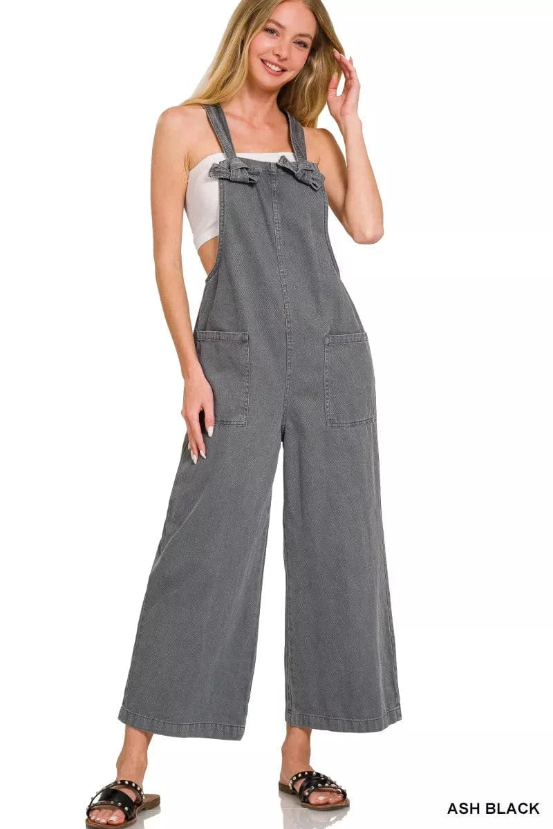 Zenana Washed Knot Strap Pockets Jumpsuit - Fashorio