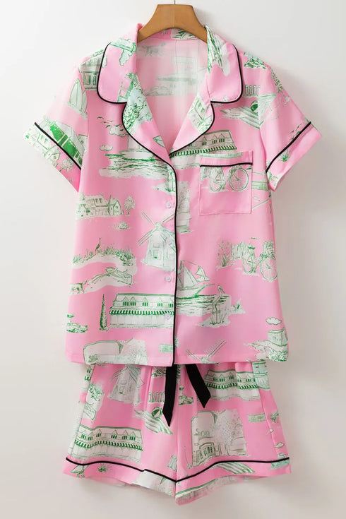 Fashorio Collared Neck Printed Top and Drawstring Shorts Lounge Set