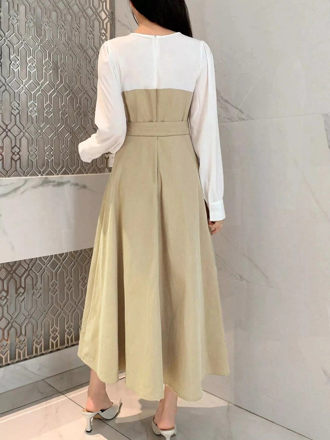 Contrast Long Sleeve Midi Dress with Belted - Fashorio