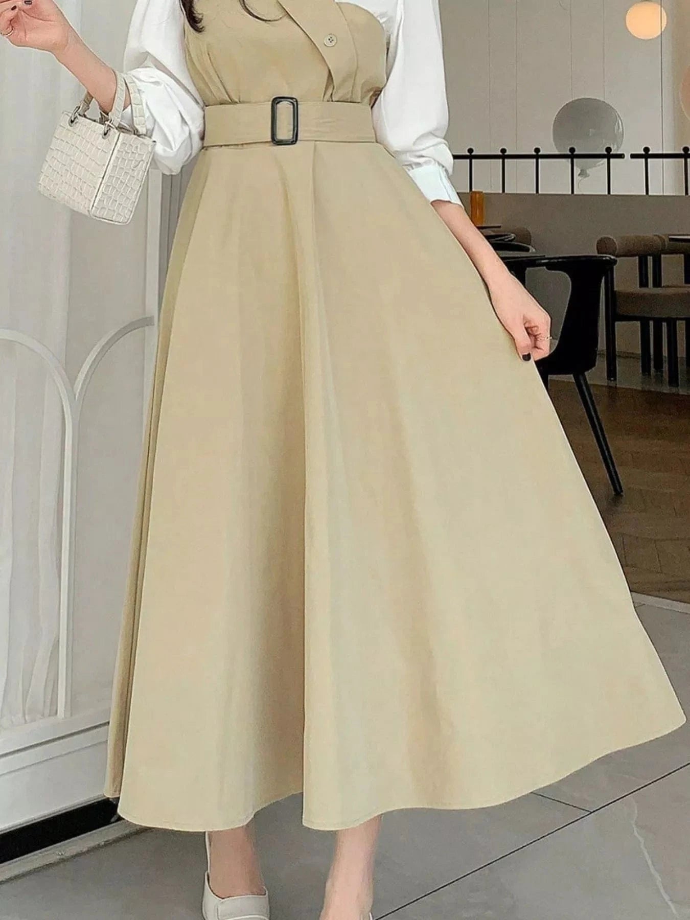 Contrast Long Sleeve Midi Dress with Belted - Fashorio
