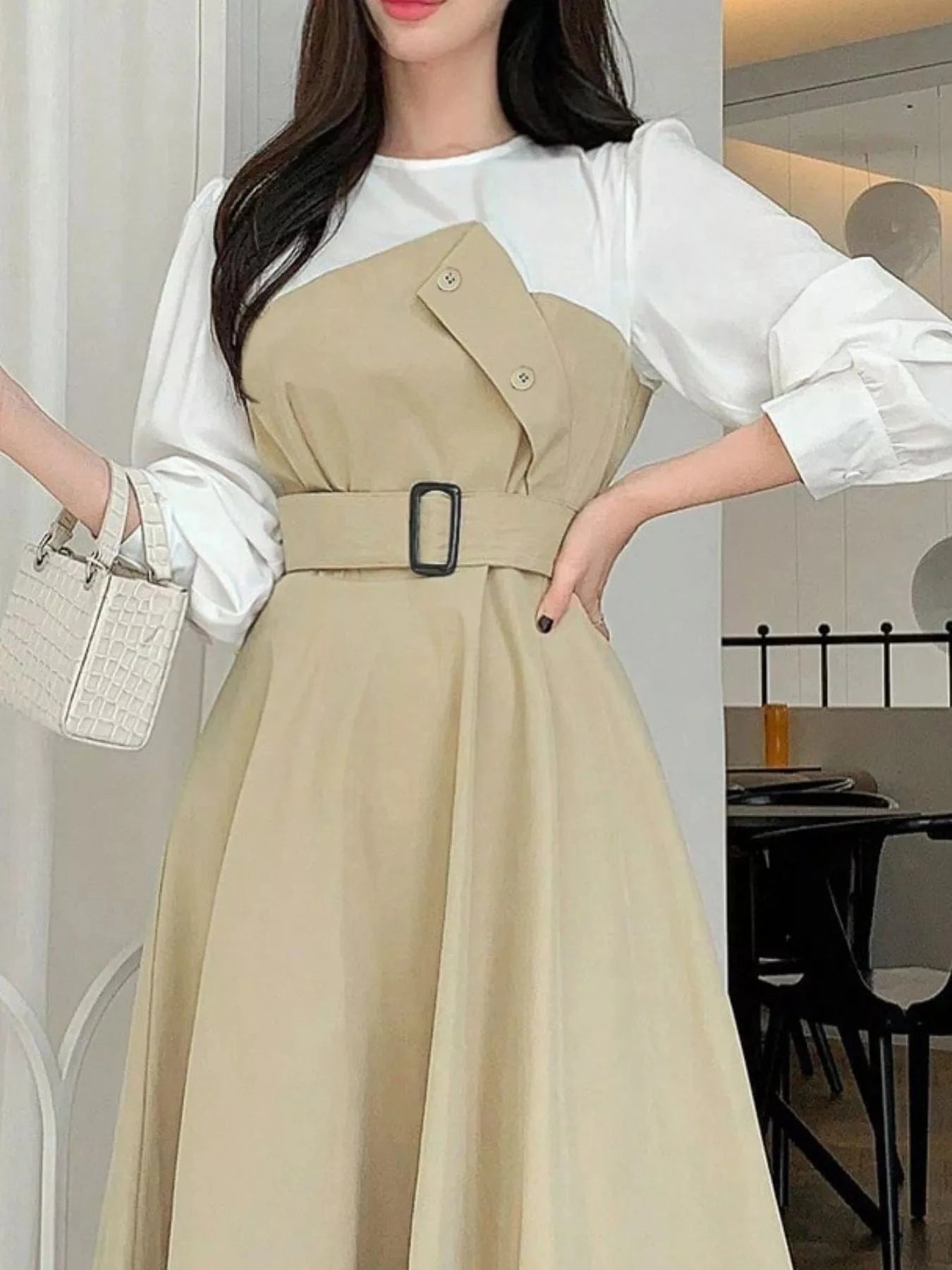 Contrast Long Sleeve Midi Dress with Belted - Fashorio