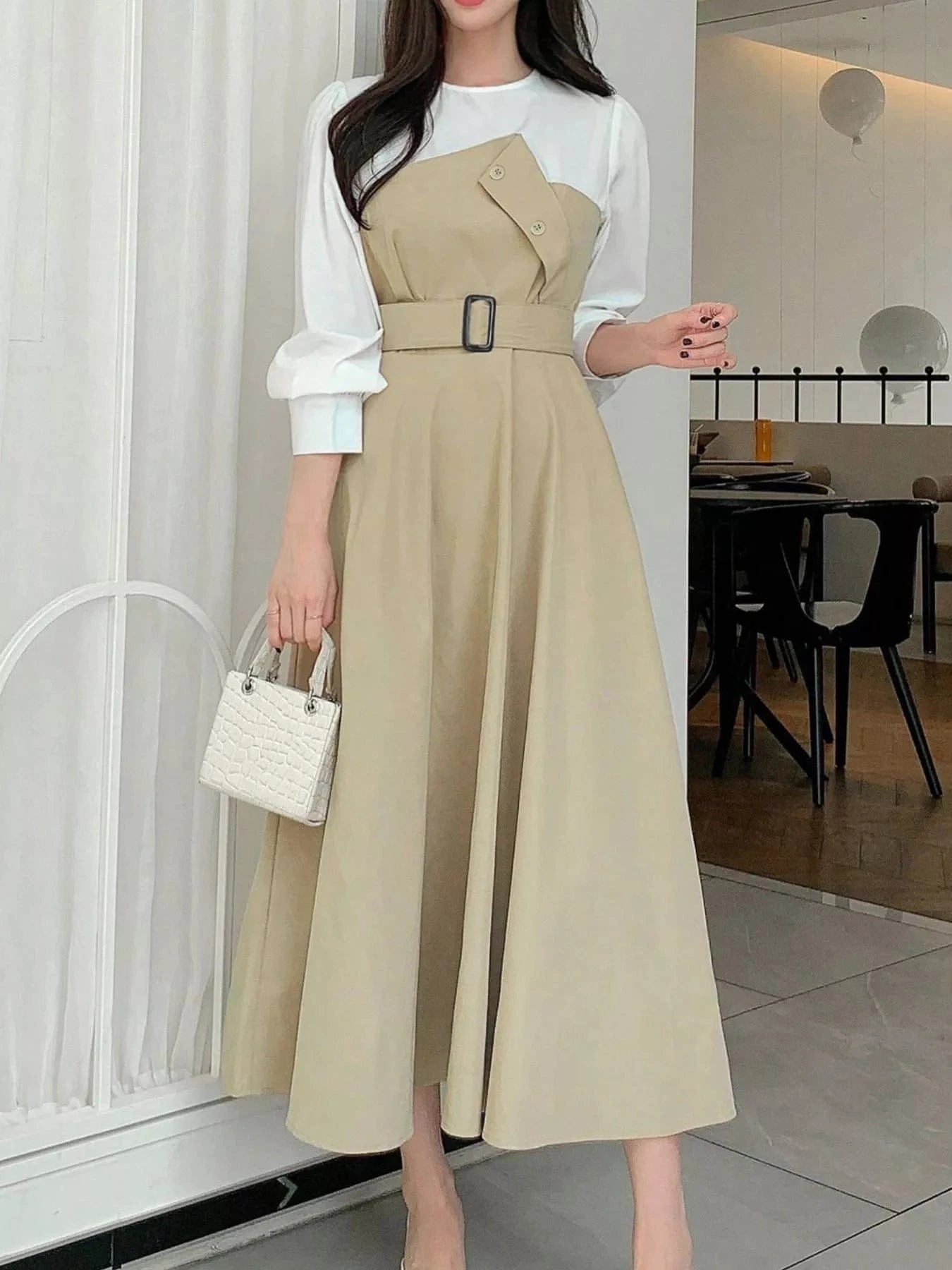 Contrast Long Sleeve Midi Dress with Belted - Fashorio