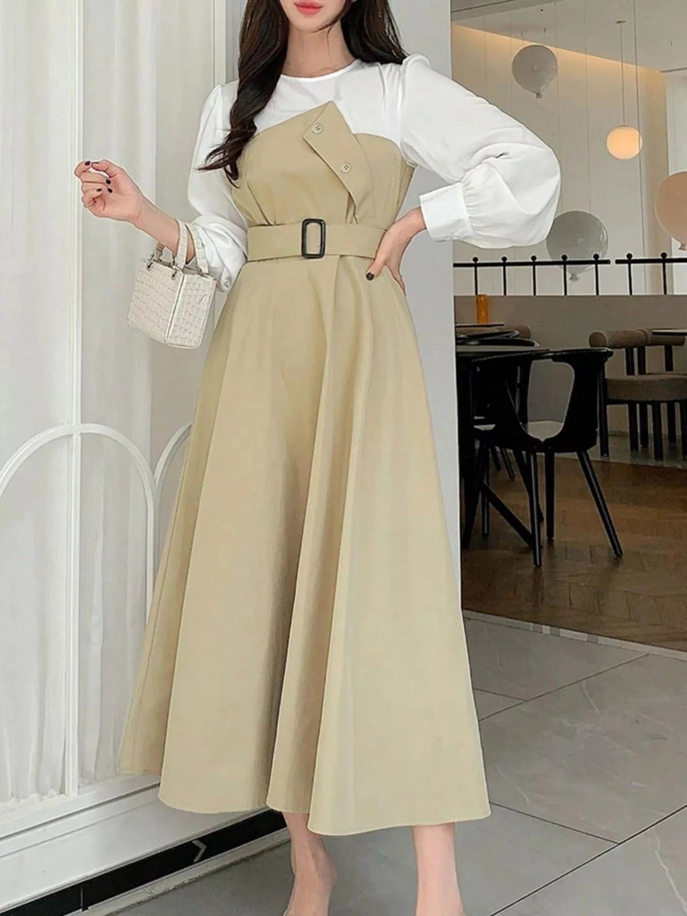 Contrast Long Sleeve Midi Dress with Belted - Fashorio