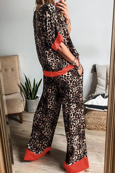 Fashorio Contrast Trim Leopard Round Neck Top and Pants Lounge Set