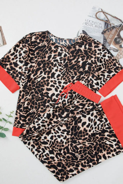 Fashorio Contrast Trim Leopard Round Neck Top and Pants Lounge Set