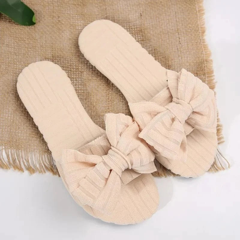 Bow Knot Open Toe Slippers Cream - Fashorio
