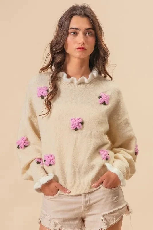BiBi Ruffled Crochet Flower Dropped Shoulder Sweater Cream - Fashorio
