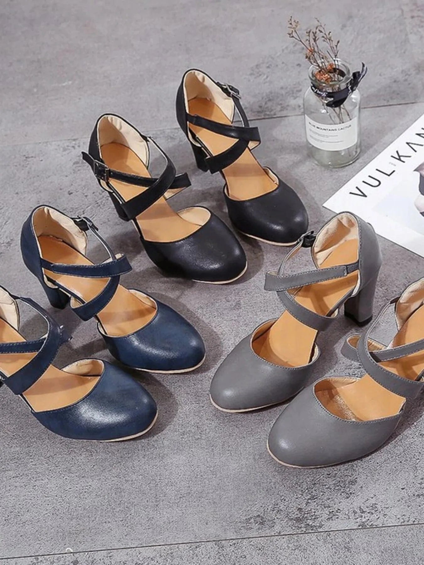 Cross-Strap Block Heel Pumps - Fashorio