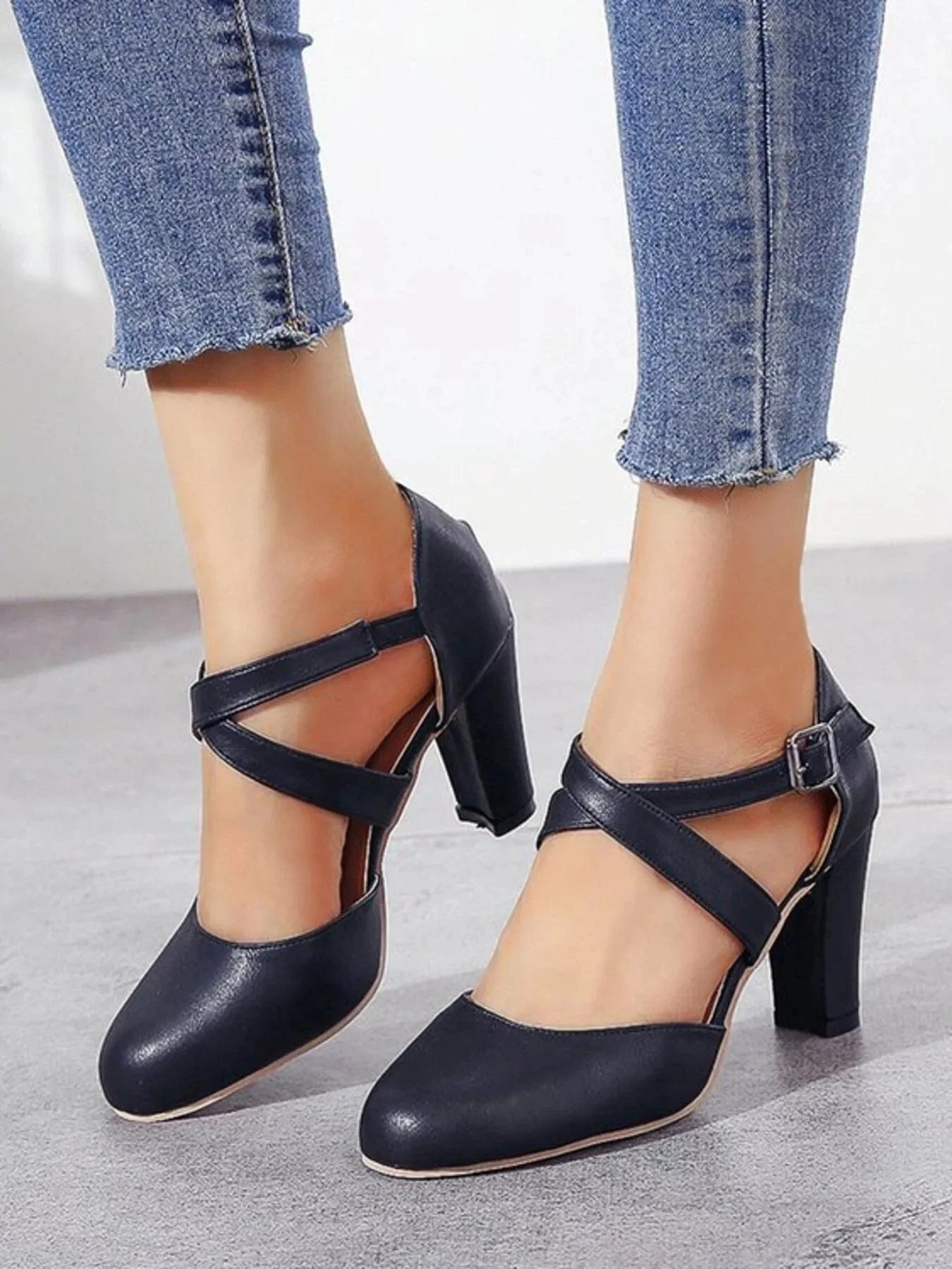 Cross-Strap Block Heel Pumps - Fashorio
