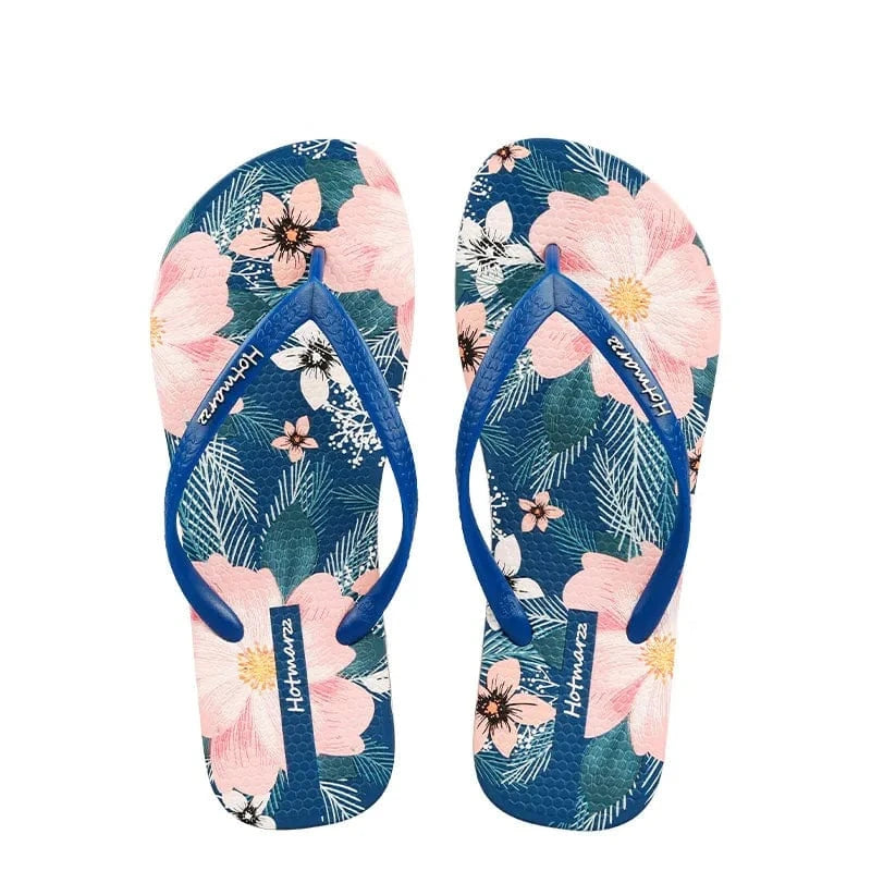 Floral Print Summer Toe Post Slippers Dark Blue - Fashorio