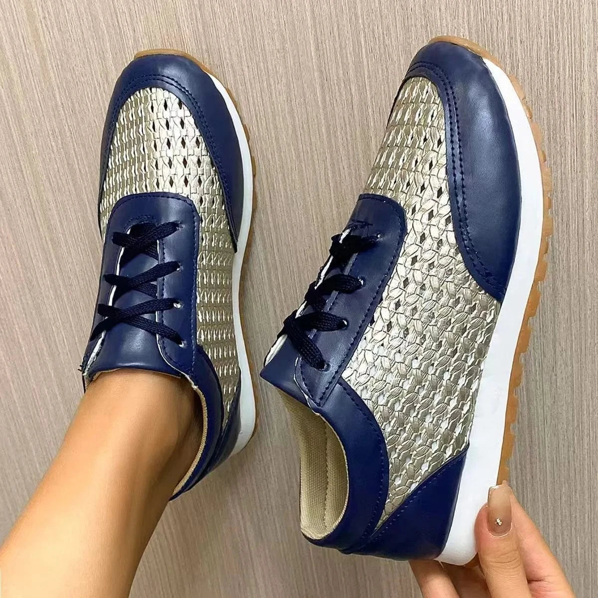 Breathable Lace Up Sneakers Dark Blue - Fashorio