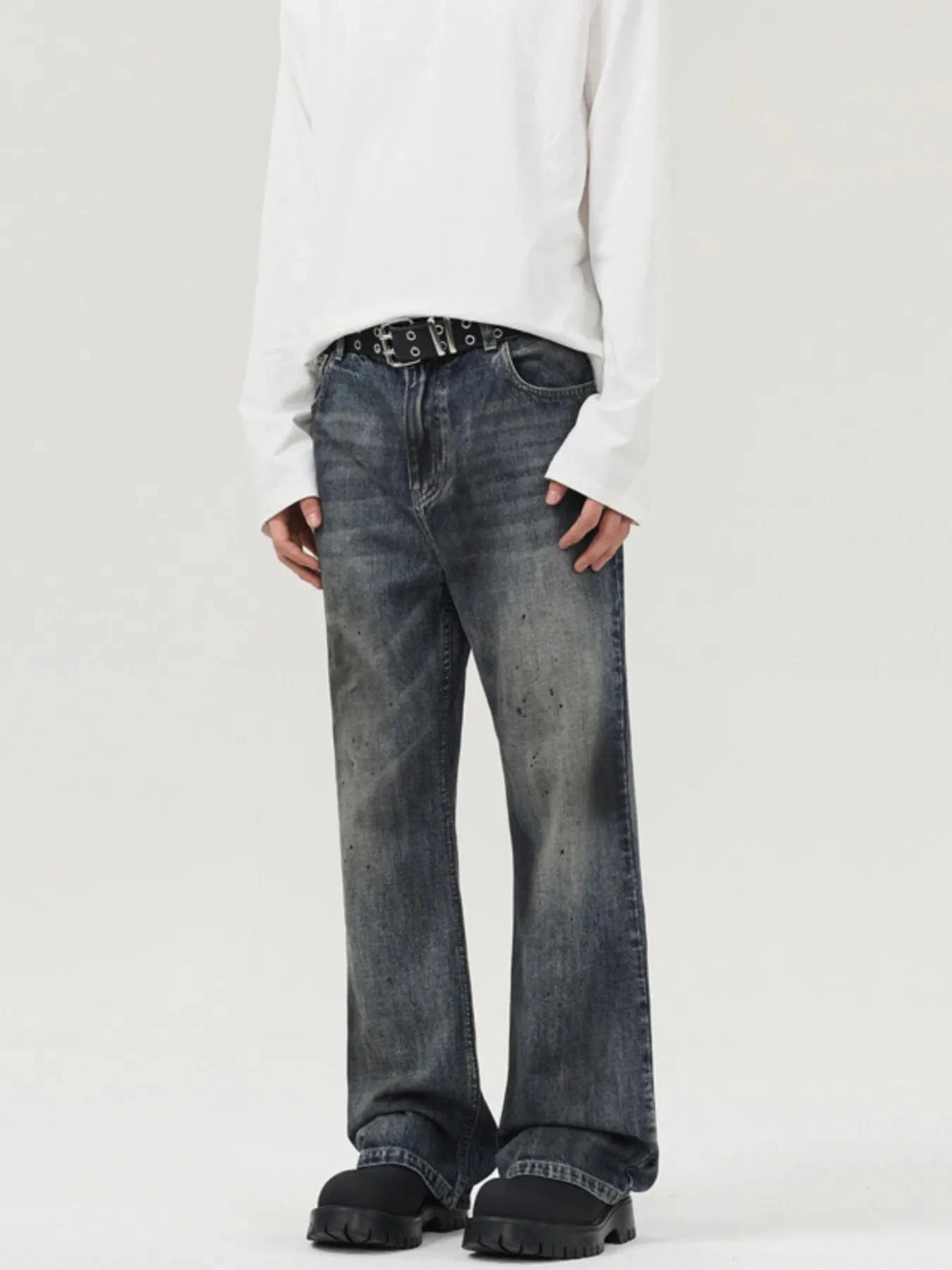 Men's Vintage Distressed Wide Leg Jeans Dark Blue - Fashorio