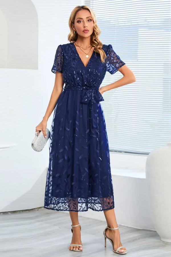 Fashorio Dark Blue / S Sequin Leaf Embroidery Tie Front Short Sleeve Dress