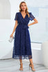 Fashorio Dark Blue / S Sequin Leaf Embroidery Tie Front Short Sleeve Dress