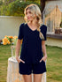 Fashorio Dark Blue / S V-Neck Short Sleeve Top and Pocketed Shorts Lounge Set