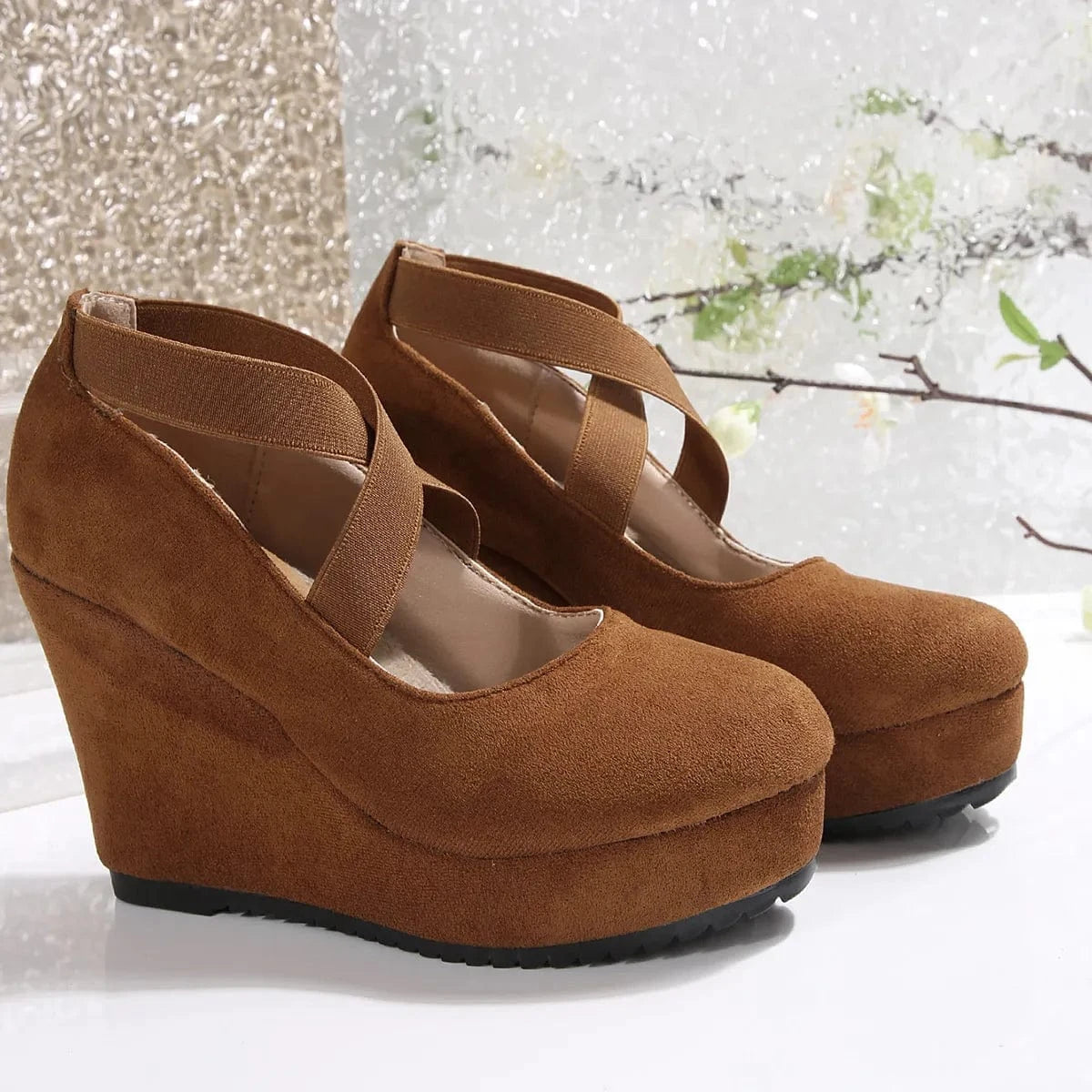 Crisscross Platform Wedge Pumps Dark Brown - Fashorio