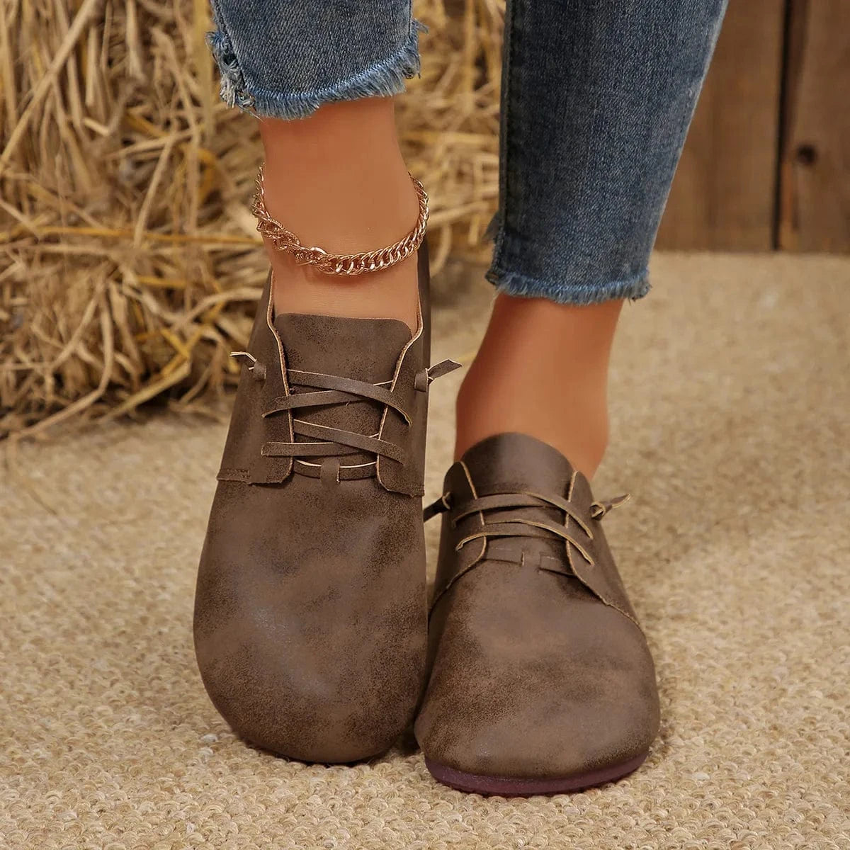 Lace-Up Flats Loafers Dark Brown - Fashorio
