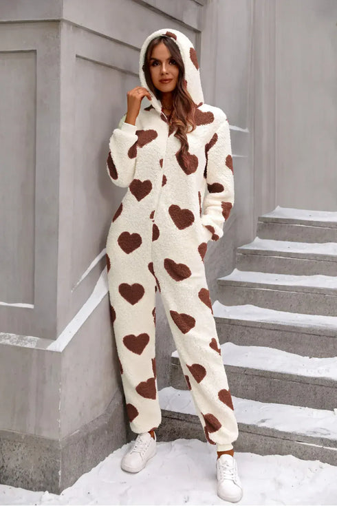 Fashorio Dark Brown / S Fuzzy Heart Zip Up Hooded Lounge Jumpsuit