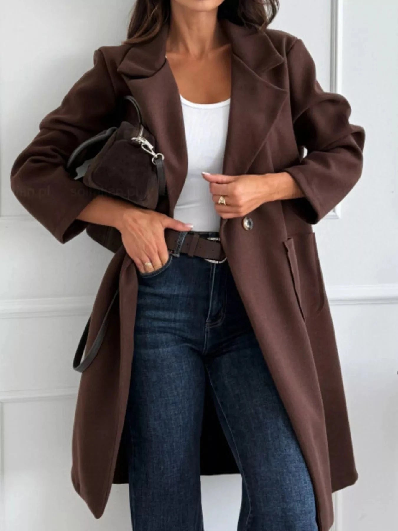Long-Sleeve Single-Breasted Trench Coat Dark Brown - Fashorio