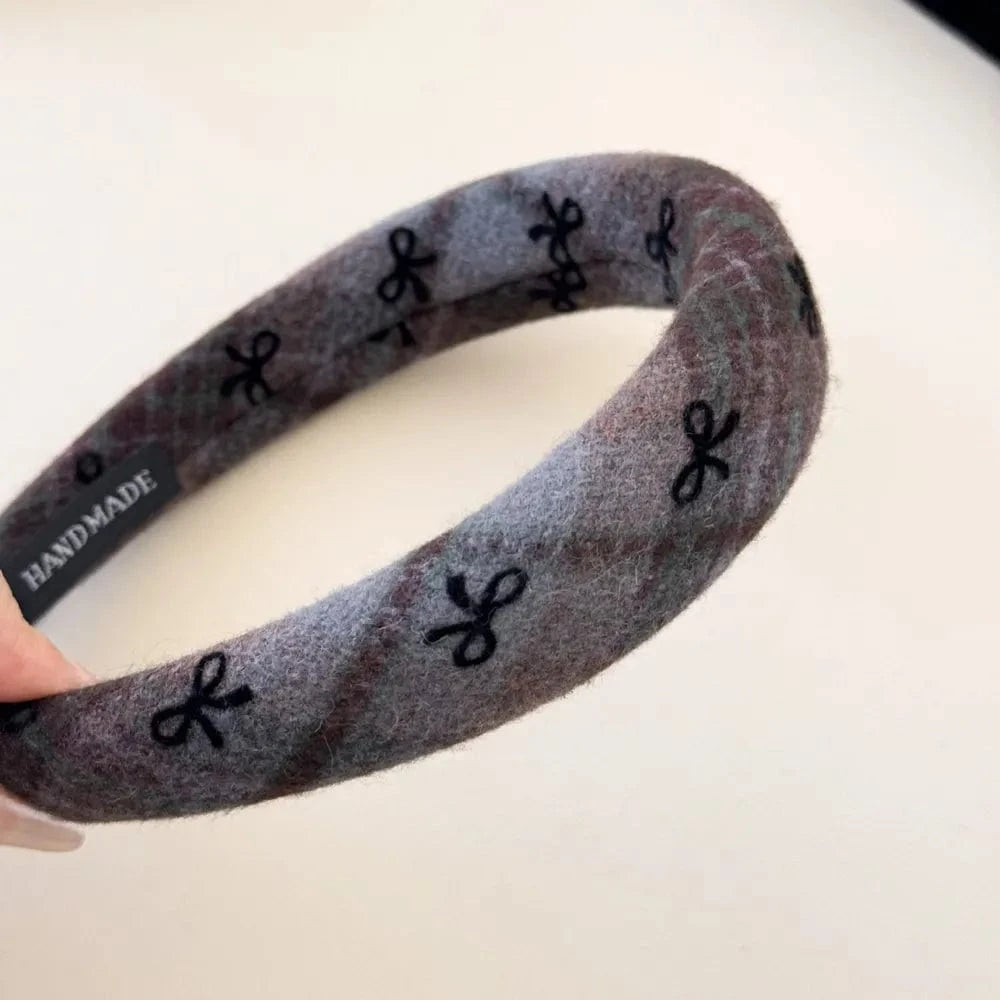 Bow Plaid Polyester Hair Headband Dark Gray One Size - Fashorio