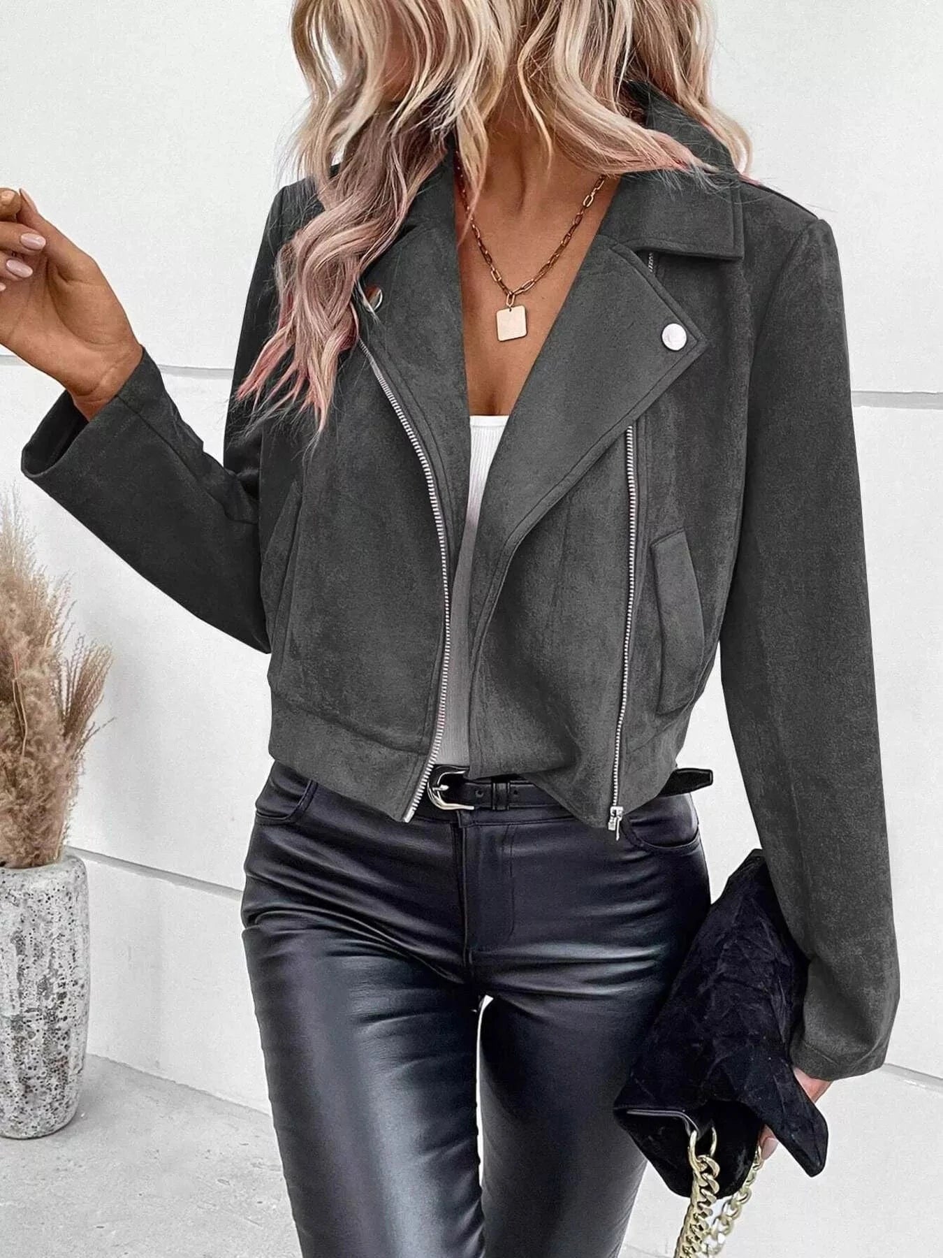 Suede Moto Jacket with Zip Detail Dark Gray - Fashorio