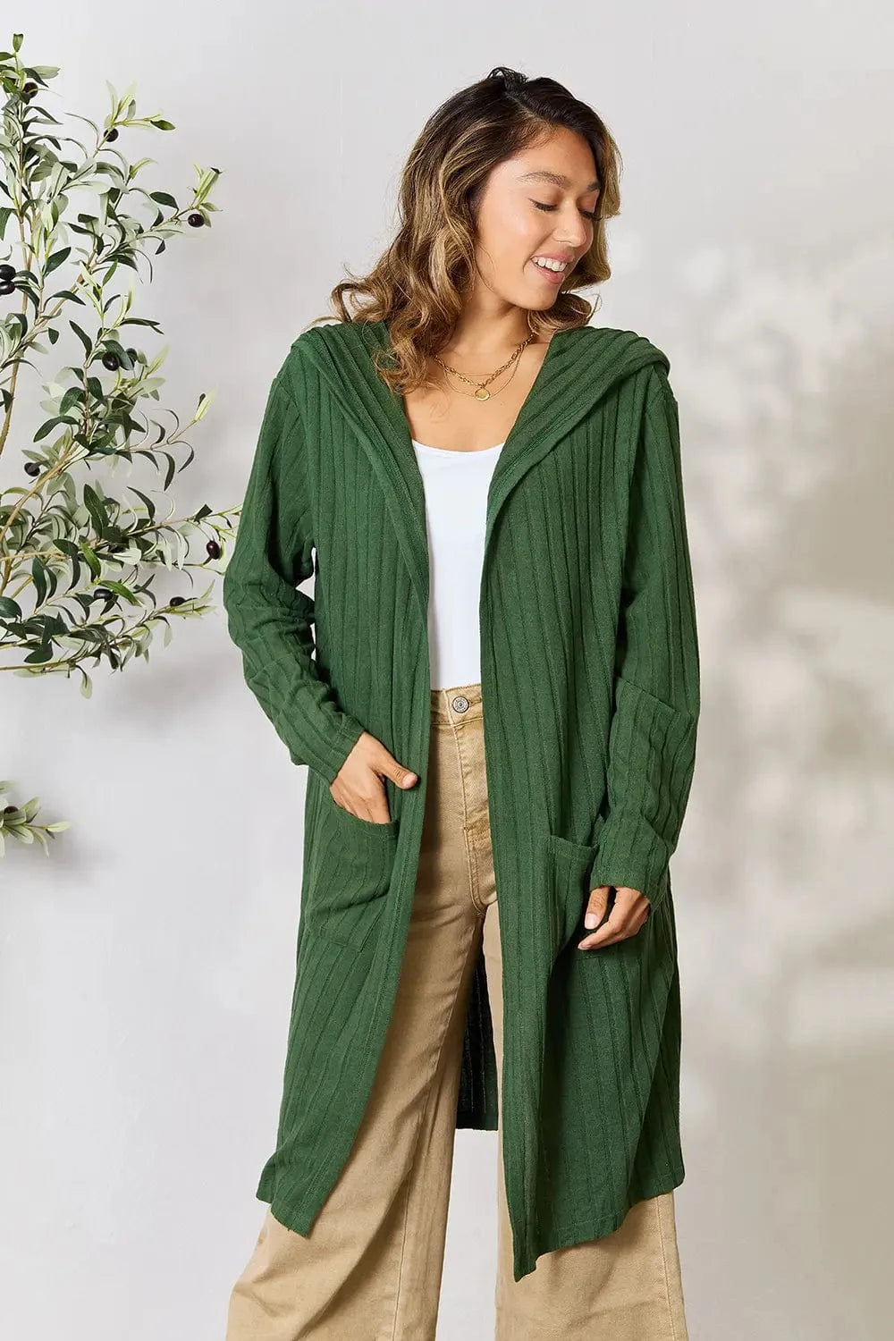 Basic Bae Full Size Hooded Sweater Cardigan Dark Green - Fashorio