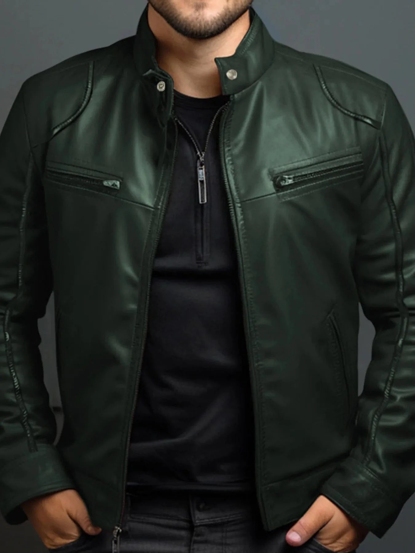 Men's Full Size Leather Motorcycle Jacket with Zipper Front Plus Size Dark Green - Fashorio