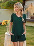 Fashorio Dark Green / S V-Neck Short Sleeve Top and Pocketed Shorts Lounge Set