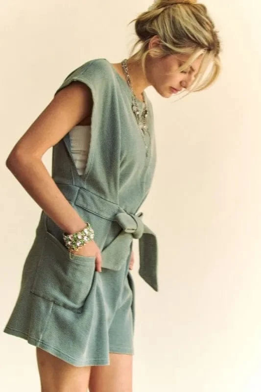 Davi & Dani Acid-Washed Waffle Knit Cuffed Sleeves Romper - Fashorio