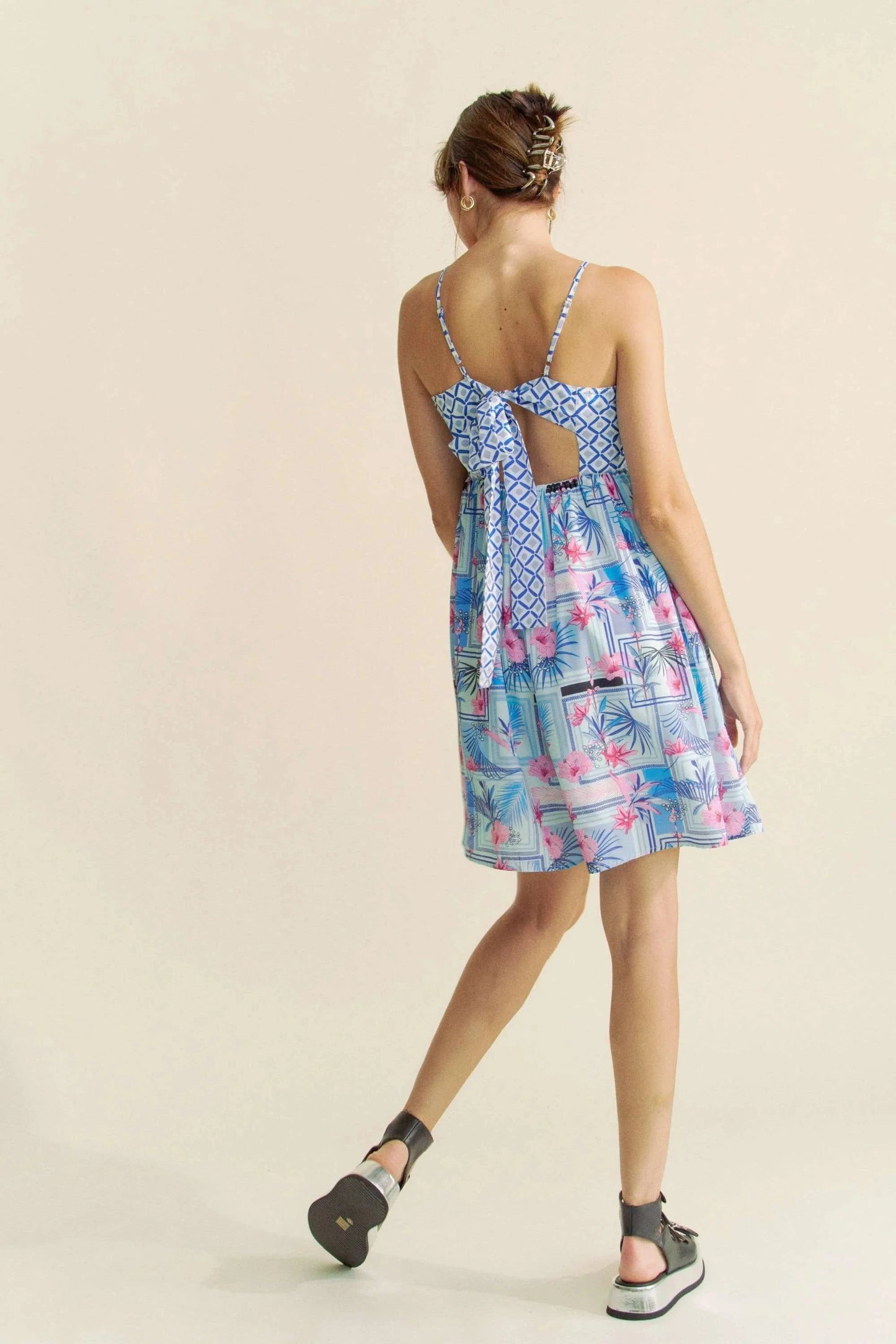 Davi & Dani Tropical Floral Geo Print Tie Back Tube Top Romper - Fashorio
