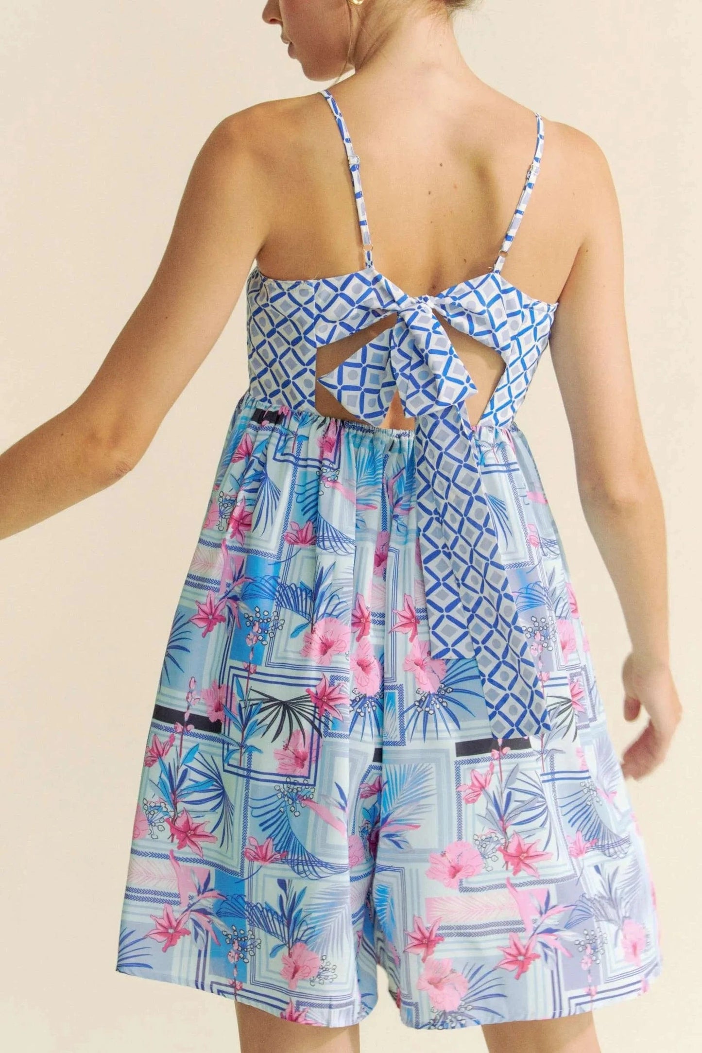 Davi & Dani Tropical Floral Geo Print Tie Back Tube Top Romper - Fashorio
