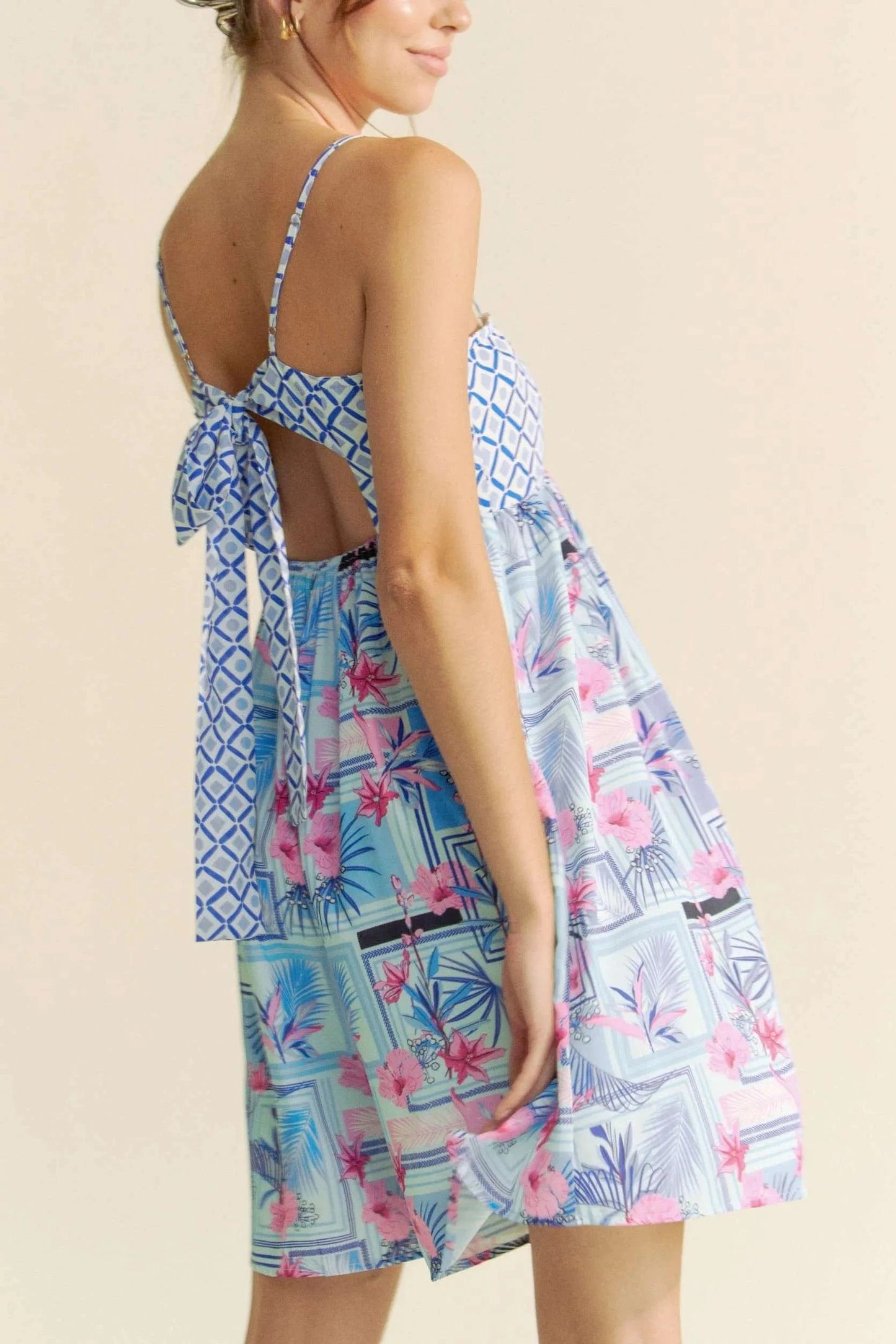Davi & Dani Tropical Floral Geo Print Tie Back Tube Top Romper - Fashorio