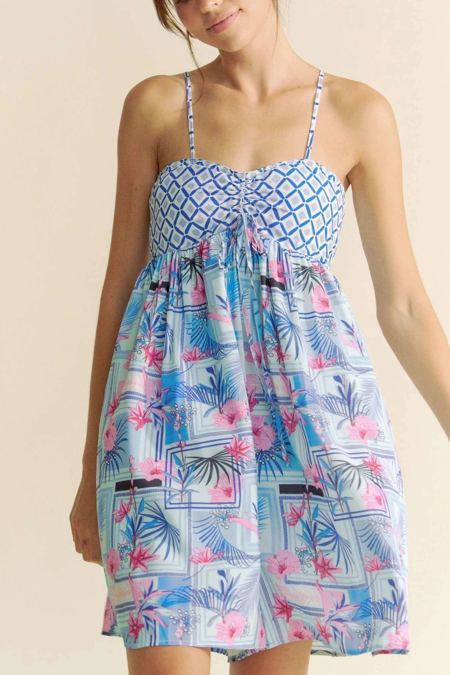 Davi & Dani Tropical Floral Geo Print Tie Back Tube Top Romper - Fashorio