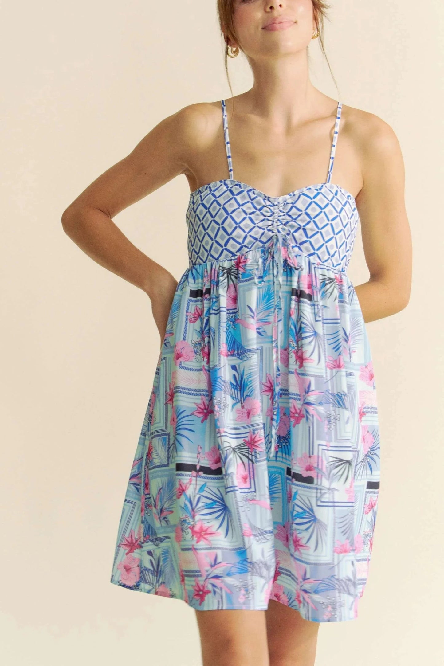 Davi & Dani Tropical Floral Geo Print Tie Back Tube Top Romper - Fashorio