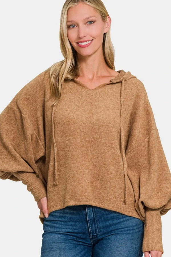Zenana Brushed Hacci Drop Shoulder Cropped Hoodie Deep Camel - Fashorio