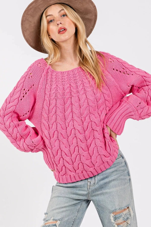 SAGE + FIG Cable-Knit Long Sleeve Sweater Deep Pink - Fashorio