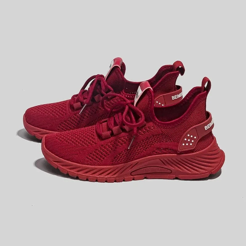 Mesh Lace-Up Platform Athletic Shoes Deep Red - Fashorio