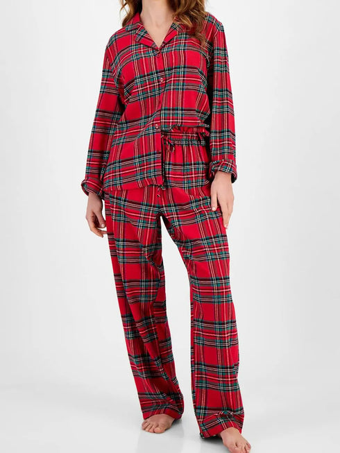 Fashorio Deep Red / S Plaid Collared Neck Button Up Top and Pants Lounge Set