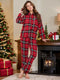 Fashorio Deep Red / S Plaid Collared Neck Long Sleeve Top and Pants Lounge Set