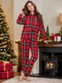 Fashorio Deep Red / S Plaid Collared Neck Long Sleeve Top and Pants Lounge Set