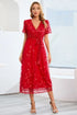 Fashorio Deep Red / S Sequin Leaf Embroidery Tie Front Short Sleeve Dress