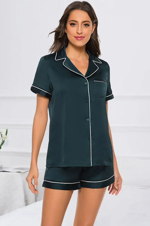 Fashorio Deep Teal / S Printed Button Up Short Sleeve Top and Shorts Lounge Set